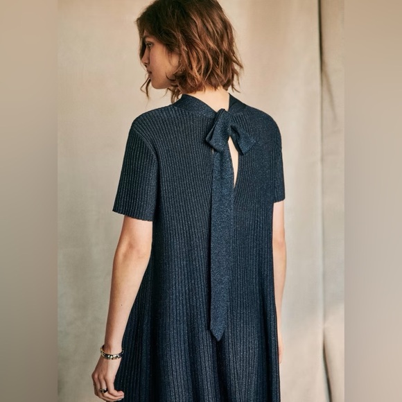 Sezane Eleanor RARE Blue Lurex Knit Bow Tie A-Line Dress Sz M - Picture 2 of 14